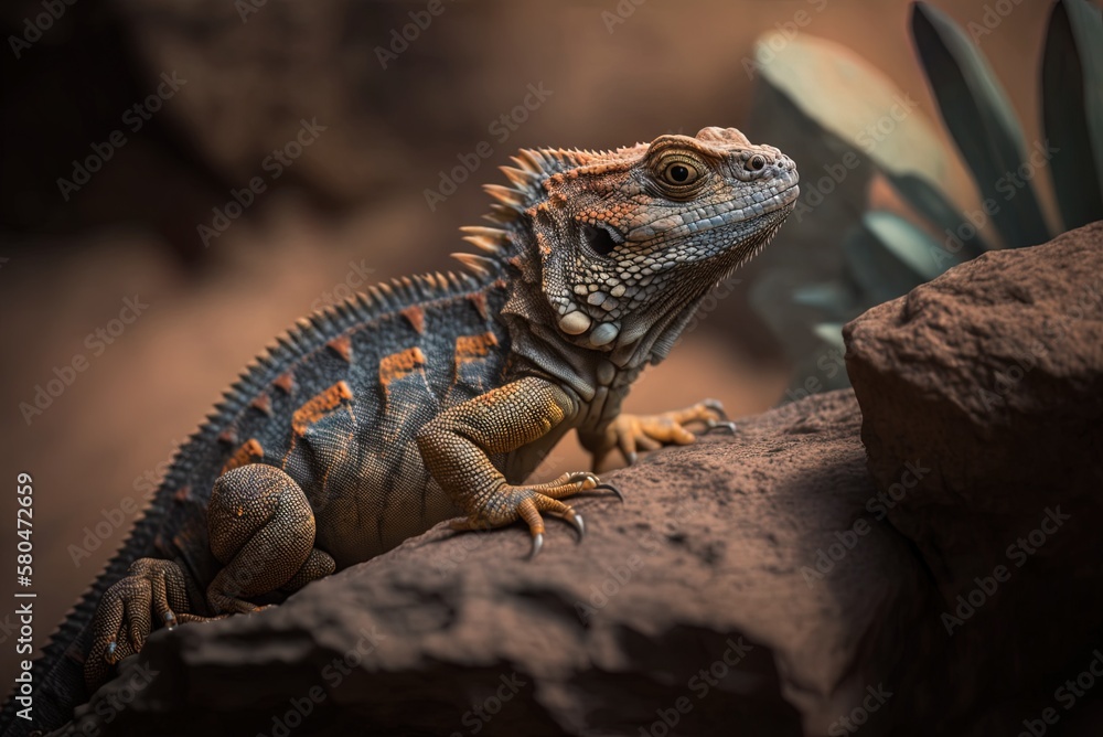 Poster focusing on on one specific rock, an iguana generative ai