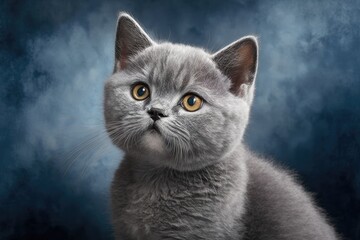 A silver colored British Shorthair kitten on a blue and gray background. Generative AI