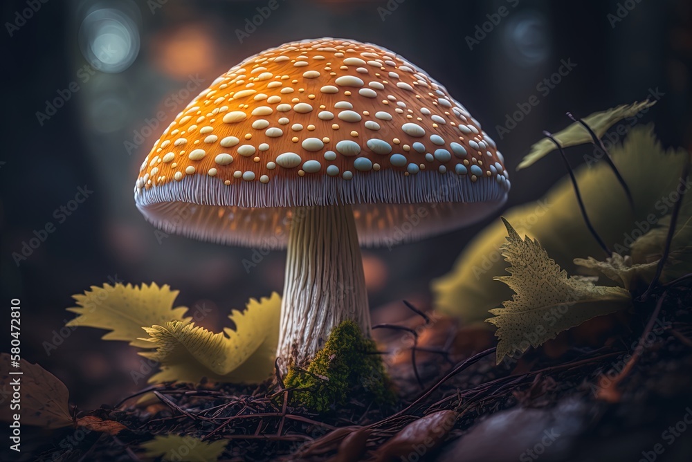 Poster shot using a shallow depth of field, focusing on a mushroom in the woods. generative ai
