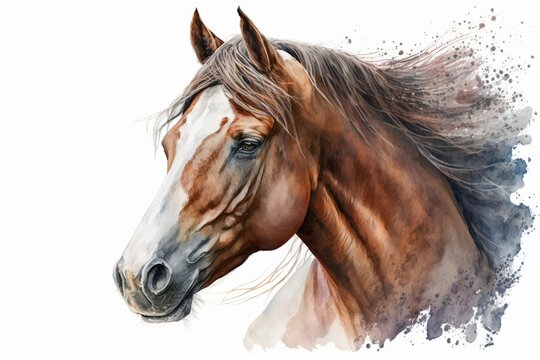 A watercolor picture of the head of a horse on a white background. Paints of animals. Generative AI