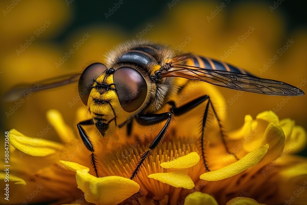 Poster close-up of a hoverfly on a yellow blossom with the focus set selectively generative ai