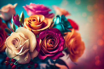 Fototapeta na wymiar Colorful roses bouquet in vase on wooden table with bokeh background.generative ai