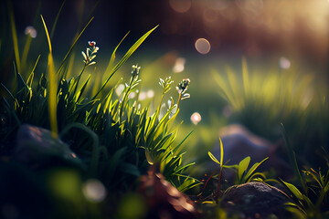 Fototapeta na wymiar Beautiful spring grass with bokeh background,generative ai