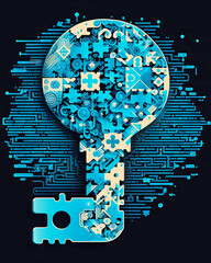 A cyanoblue Symbol or a Security Key with puzzzle and technical details insight, Generative AI