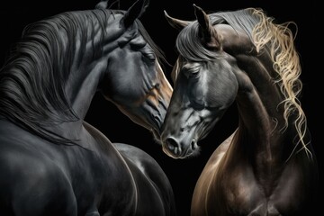A picture of two horses on a black background. Horses falling in love. Generative AI