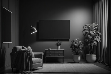 Dark room with a tv, chair, plants, and floor lamp on a carpet in plain, monochromatic gray tones. flat, consistent hues on a black background. frames for posters. Generative AI
