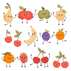 Cute cartoon characters fruits. Apples, pear, strawberry, banana, plum, apricot, cherry and tangerine. Vector illustration. Collection funny food emoji in flat style