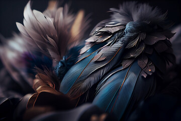 Beautiful feathers of a bird on a dark background.generative ai