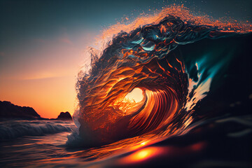 Beautiful ocean wave at sunset.generative ai