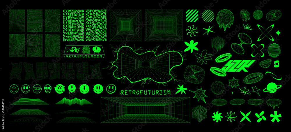 Aufkleber Retrofuturistic wave, Y2k shapes, Curved space, trippy bold elements. Universal elements surreal and retro futurism. Cyberpunk and abstract wireframe forms, y2k set. 3D spaces and grids. Vector set