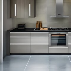 A sleek and modern kitchen, with stainless steel appliances and black countertops3, Generative AI