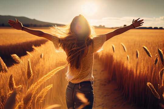Happy young woman in wheat field at sunset. Freedom and happiness concept.generative ai