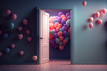 Open door with heart shaped balloons. Valentine's day concept.generative ai