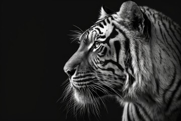 A picture of a black and white tiger on a black background. Generative AI