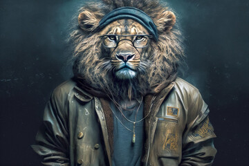 Fototapeta premium Portrait of lion with eyeglass wearing in streetwear. Animal wears Hip hop street fashion concept. Made with Generative AI