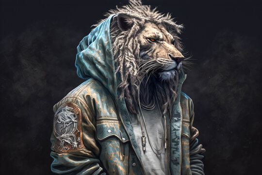 Portrait of lion wearing in streetwear. Animal wears Hip hop street fashion, dangerous street gangsta animal concept. Made with Generative AI