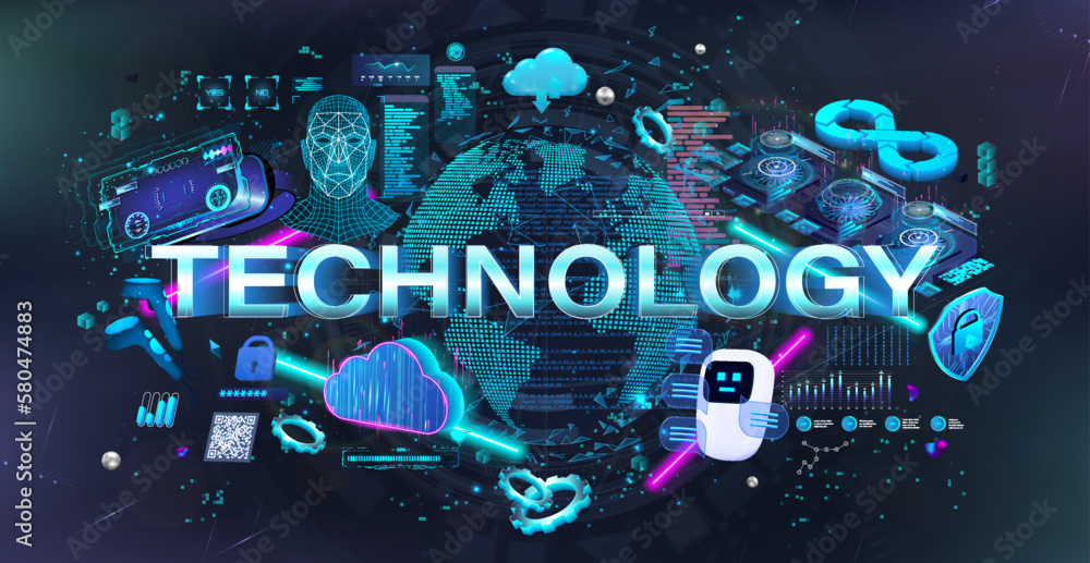 Poster Hi-tech banner. Virtual reality technologies and networks powered by software. AR, VR, Metaverse, Ai neural networks and bots available on the network. Vector 3D futuristic technology banner