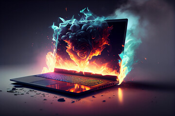 Conceptual image of laptop with fire on screen.generative ai