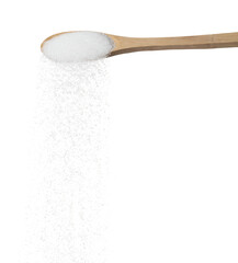 Pure refined Sugar in table spoon, white crystal sugar fall line down. Pure refined sugar stop in...