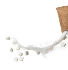 Sugar Cube in sack bag flying explosion, white crystal sugar fall abstract fly. Pure refined sugar...