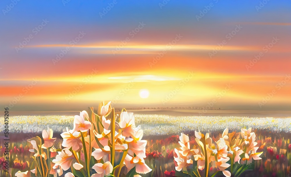 Poster freesia flowers in a field at dawn generative ai
