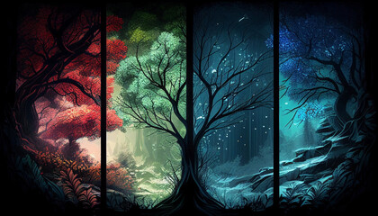 Seasonal Symphony, Striking Illustration Depicting Four Seasons in the Park, Vertical Sections with blue red and green color tones
