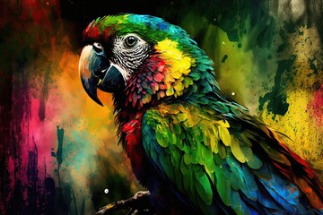 A parrot is shown in an original abstract painting. Generative AI
