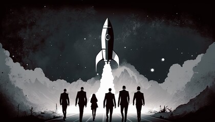 Naklejka premium Business concept illustration of group of businessman walking towards a rocket, start up business concept. Generative ai