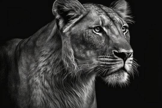 A head only picture of a female African lion on a black background (black and white). Generative AI
