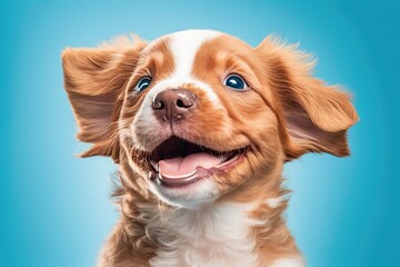 A happy dog puppy winks one eye and smiles on a blue background with its eyes closed. Generative AI