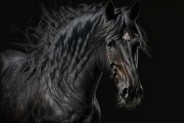 Obraz na płótnie Canvas A picture of a black horse on a black background, of the Friesian breed. Generative AI
