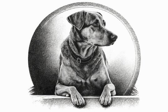 A half circle picture of a dog with one paw resting. The picture is black and white. Pen drawing. Generative AI