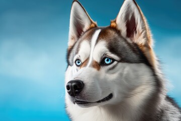 Obraz premium A picture of a beautiful husky dog on a blue background. From the front. Pet Lover concept . Generative AI