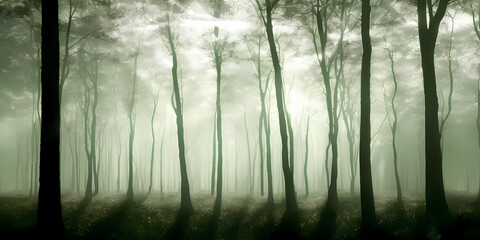 eerie misty sunrays in the forest, illustration style
