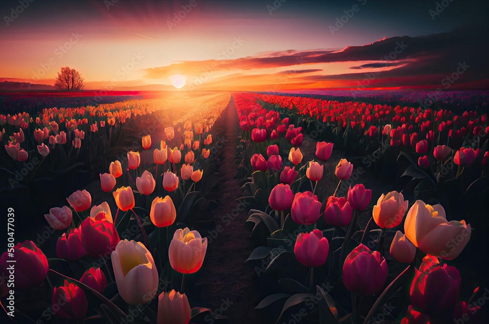 Poster tulip flowers in a field at dawn generative ai