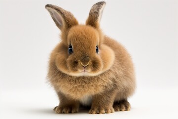 Fototapeta premium A cute and healthy brown baby Easter bunny standing on two legs against a white background. White background with a cute, fluffy rabbit Beautiful animal with big, bright eyes that lives in the wild. A