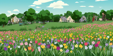 cute flower field in spring with beautiful houses in the background, illustration style