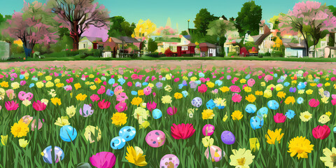 multicolor field of flowers with easter eggs and beautiful houses in the background, illustration style