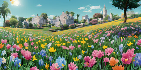 tulip field in spring with beautiful houses in the background, illustration style