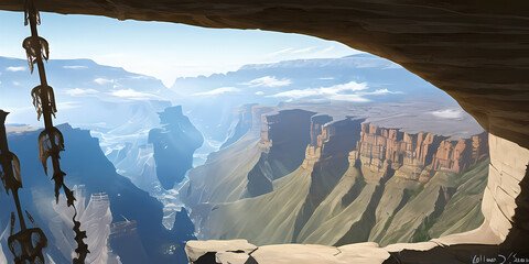 beautiful panorama from an old cave in a canyon with the green mountains in the background