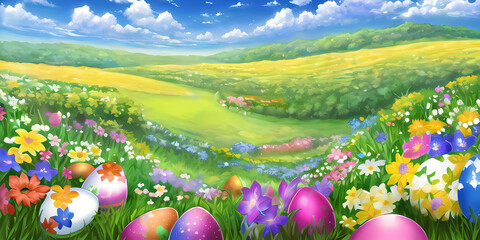 colorful easter eggs and flowers on an open field