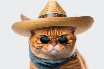 A ginger cat wearing sunglasses and a sombrero hat stands out against a white background. Generative AI