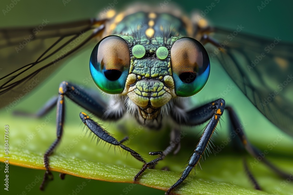 Poster a dragonfly on a leaf makes a cool and funny macro picture. a close up of a dragonfly with big eyes 
