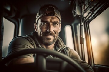 Happy truck driver sitting in vehicle cabin and looking at camera. AI generated, human enhanced