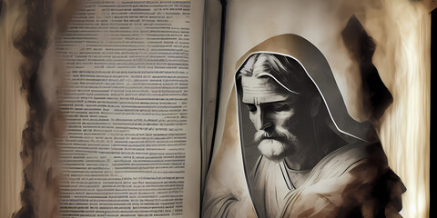 religious text background with a religious disciple figure
