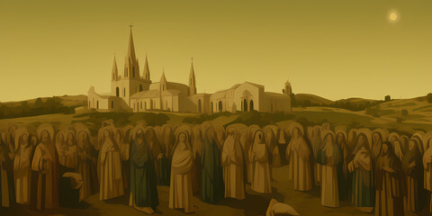 landscape illustration religious followers with a gothic building in the background