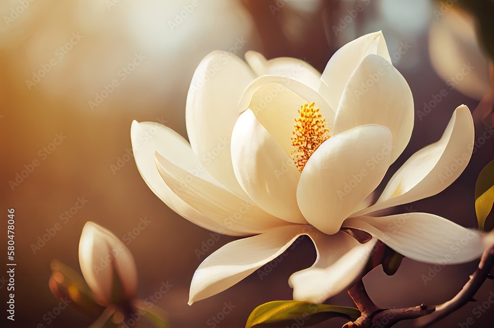 Poster magnolia flower macro shot with copy space generative ai