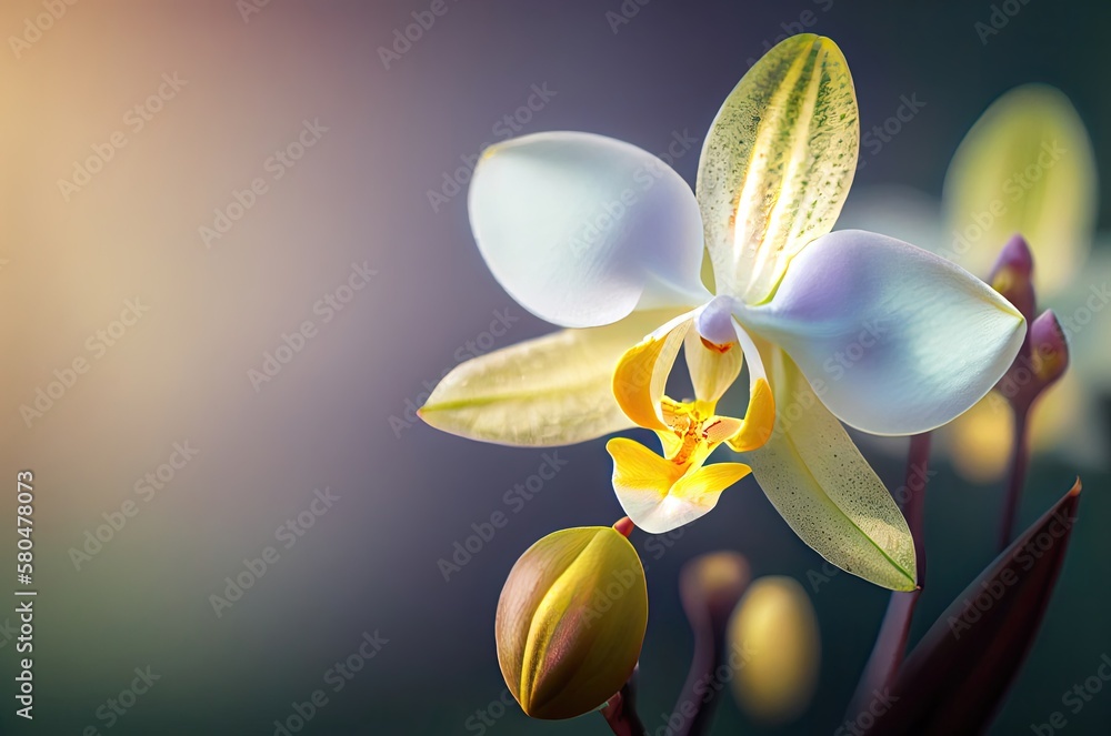 Poster orchid flower macro shot with copy space generative ai