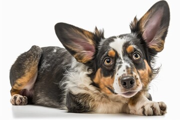 A cute stray dog with big ears and a mix of breeds is lying down facing forward. When you smile, your teeth will show. Trying to look at the camera. Stands out against a white background. Generative