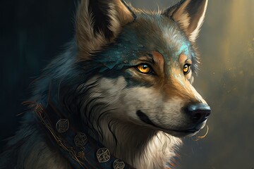 A cute fantasy portrait of a wolf that could be used for a picture avatar or on a T shirt, mug, or other accessory item. Generative AI